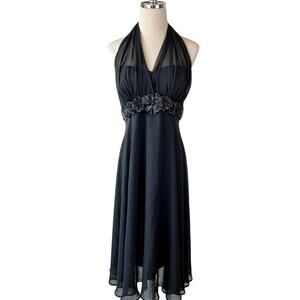 Vintage Y2K Black Halter Dress size 12 Floral Embellished Whimsygoth Homecoming